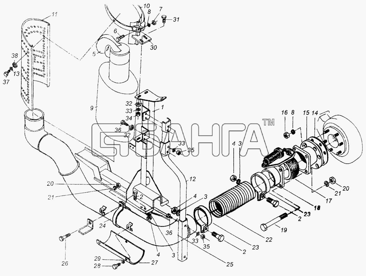 МАЗ МАЗ-64226 Схема Система выхлопа. Крепление глушителя-17 banga.ua